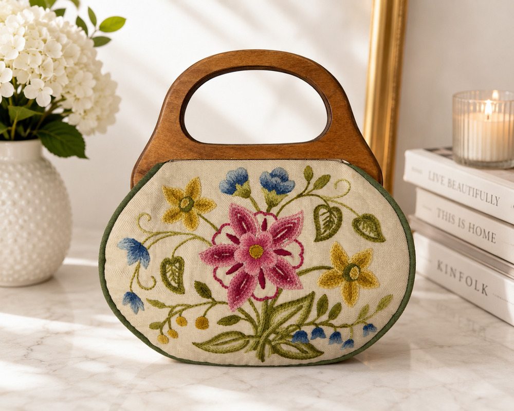 Vintage Floral Embroidered Wood Handle Handbag Purse Cottagecore Boho Canvas
